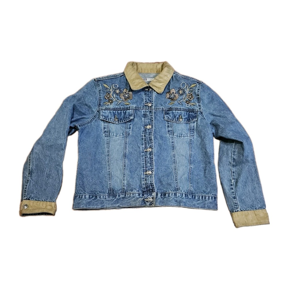 Faded Glory Womens Floral Embroidered Denim Jacket Collar Medium Wash Size L